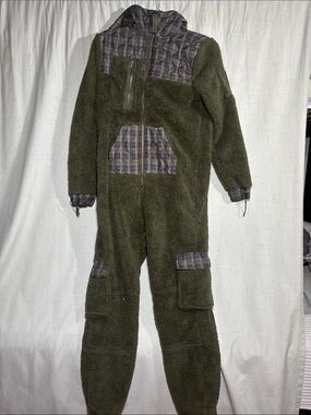 Onepiece Olive Green Fleece Men’s Jumpsuit with Plaid Accents
